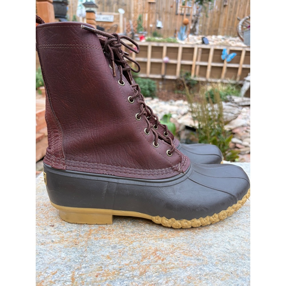 LL Bean 8 Inch Duck Boots Mens 11 Wide Burgundy Leather Brown Rubber Made in USA